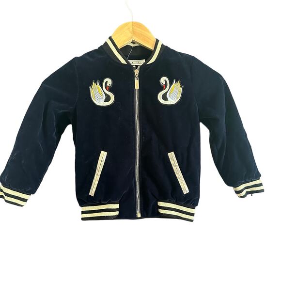 DOE A DEAR | Blue and gold Velvet Swan Patch Varsity Bomber Jacket | Size 4 - Picture 1 of 5